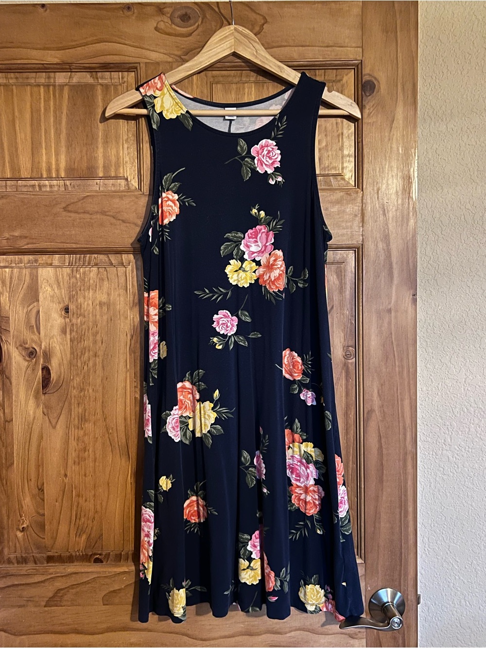 Old Navy Navy Sleeveless Floral Midi Dress with Pink & Yellow Blooms